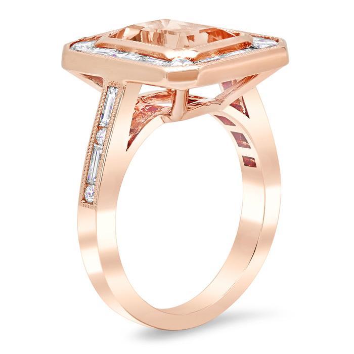Emerald Cut Morganite Baguette Diamond Halo Rose Gold Engagement Ring Rose Gold & Morganite Engagement Rings deBebians 