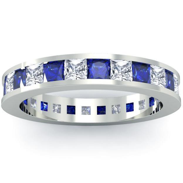 2.25cttw Channel Set Eternity Band with Princess Sapphires and Diamonds Gemstone Eternity Rings deBebians 