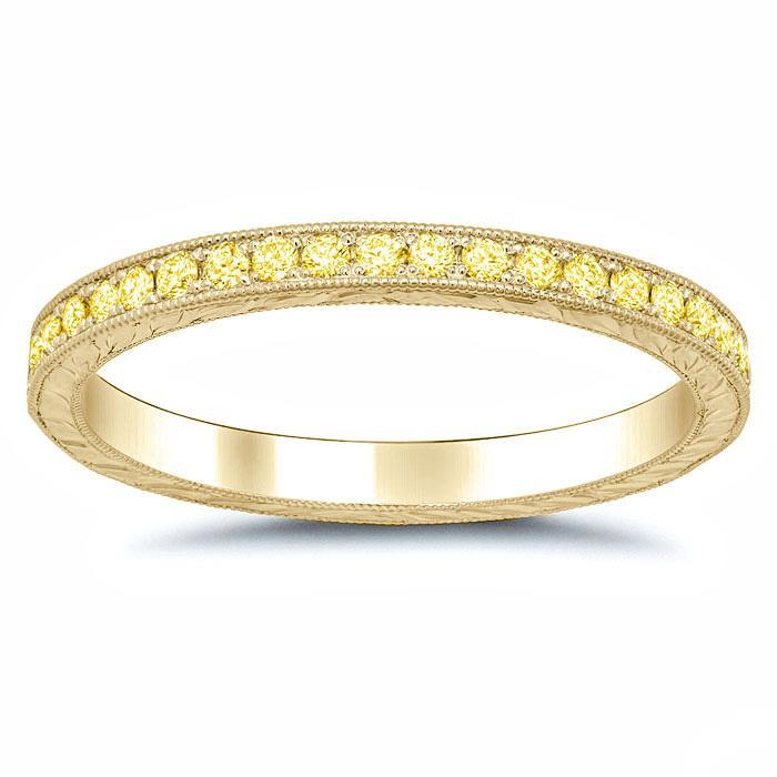 Fancy Yellow Diamond Yellow Gold Hand Engraved Eternity Ring Diamond Eternity Rings deBebians 