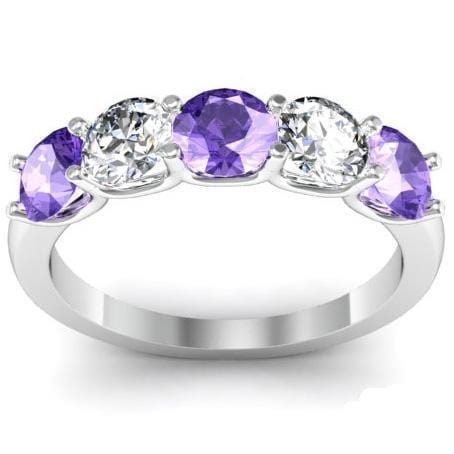 1.50cttw U Prong Diamond and Amethyst Band Five Stone Rings deBebians 