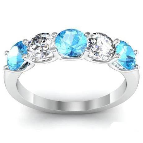 1.50cttw U Prong 5 Stone Ring with Aquamarine and Diamond Gemstones Five Stone Rings deBebians 