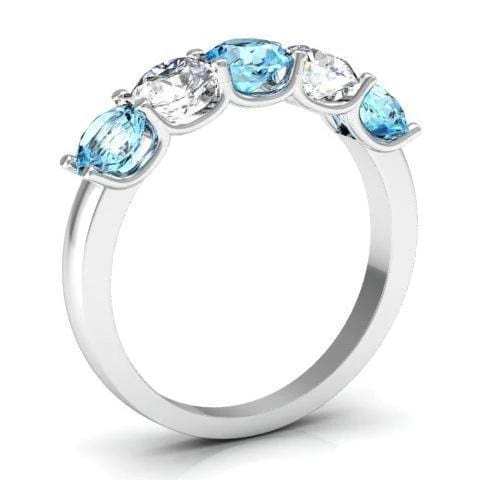 1.50cttw U Prong 5 Stone Ring with Aquamarine and Diamond Gemstones Five Stone Rings deBebians 