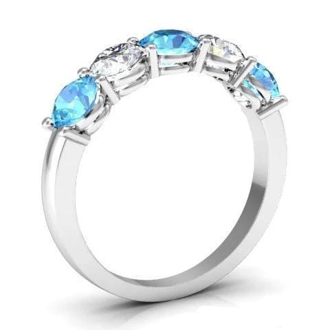 1.50cttw Shared Prong Five Stone Band with Aquamarine and Diamonds Five Stone Rings deBebians 