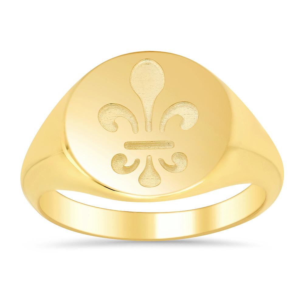 Fleur de lis Signet Ring for Ladies - Shown in Yellow Gold, Side View - Larger