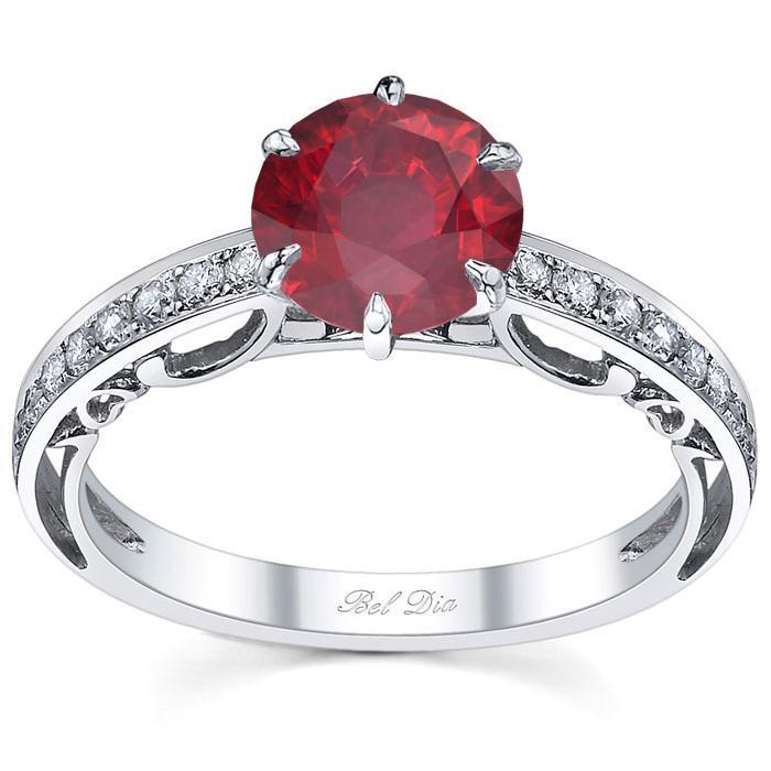 Floral Accented Pave Engagement Ring with Ruby Ruby Engagement Rings deBebians 