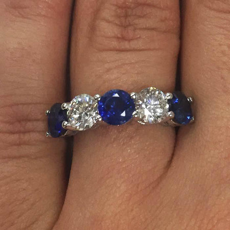 3.00cttw Shared Prong Blue Sapphire and Diamond Five Stone Ring Five Stone Rings deBebians 