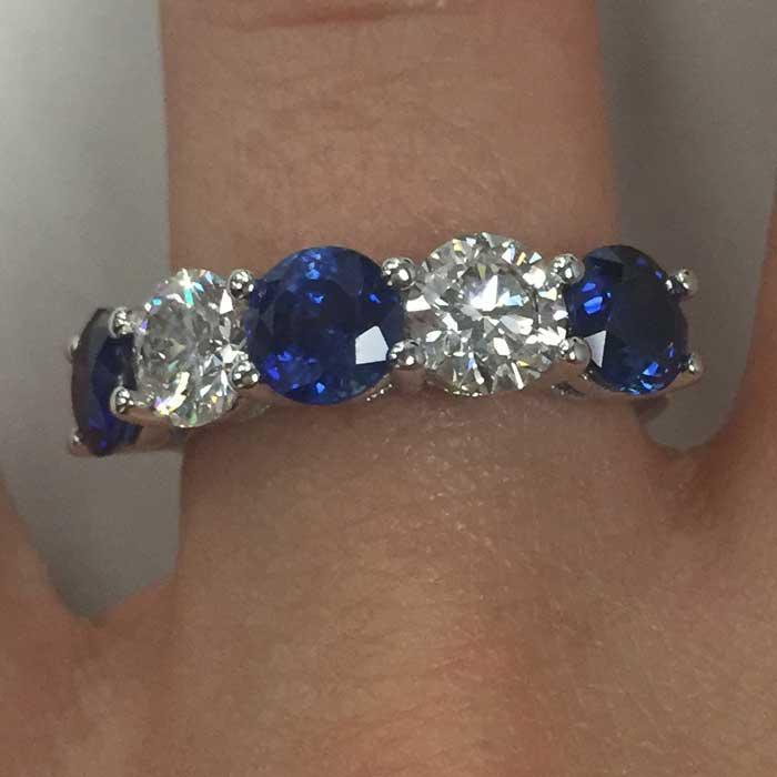3.00cttw Shared Prong Blue Sapphire and Diamond Five Stone Ring Five Stone Rings deBebians 