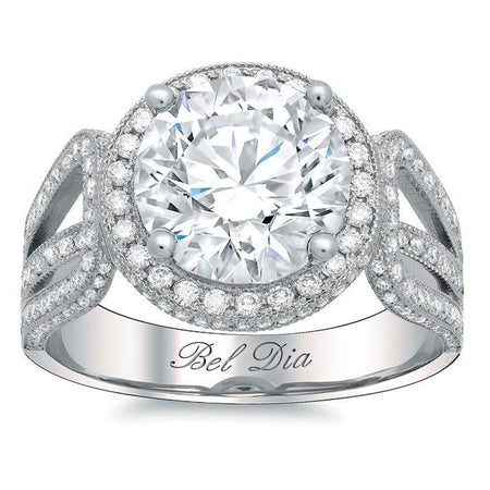 Halo Setting for Round Diamond or Moissanite with a Triple Shank Band Halo Engagement Rings deBebians 