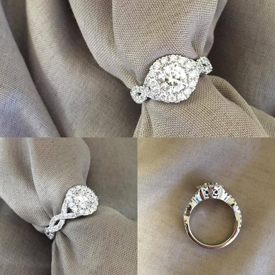 Halo Diamond Engagement Ring with Twisted Split Shank Halo Engagement Rings deBebians 