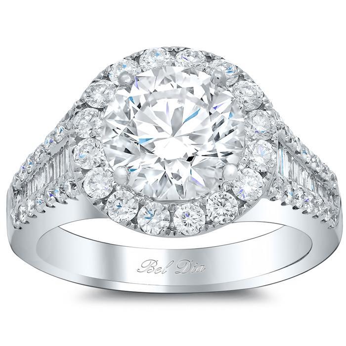Halo Engagement Ring with Pave and Tapered Baguettes Halo Engagement Rings deBebians 