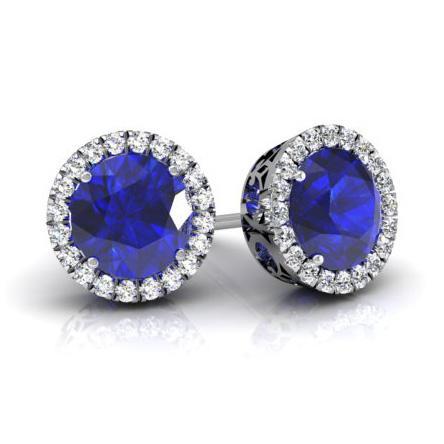 Halo Studs with Blue Sapphires Diamond Halo Earrings deBebians 