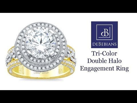Tri-Color Double Halo Engagement Ring