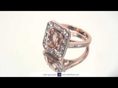 Emerald Cut Morganite Baguette Diamond Halo Rose Gold Engagement Ring