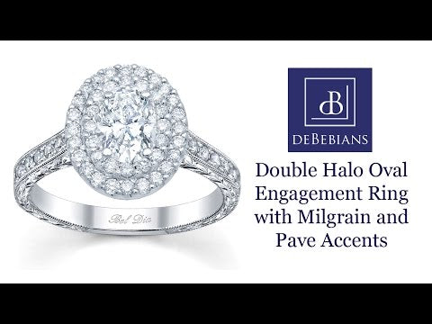 Double Halo Oval Engagement Ring with Milgrain and Pave Accents