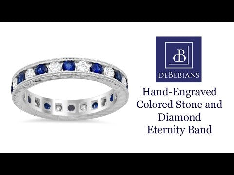 Hand-Engraved Colored Stone and Diamond Eternity Band