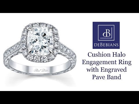 Cushion Halo Engagement Ring with Engraved Pave Band