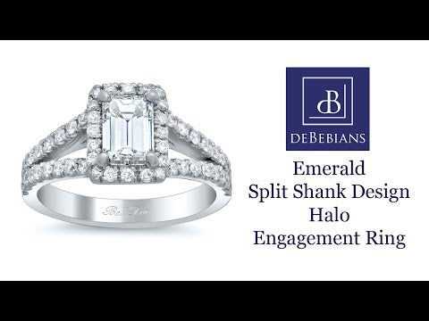 Emerald Split Shank Design Halo Engagement Ring