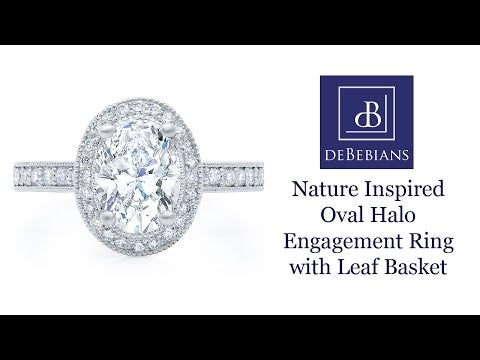 Nature Inspired Oval Halo Engagement Ring with Leaf Basket