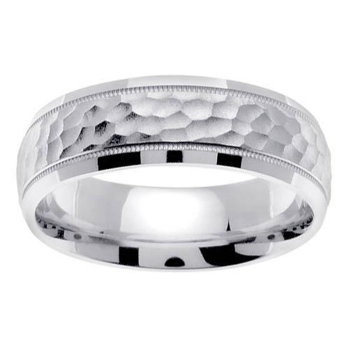 White Gold 7mm Hammered Mens Ring Handmade Wedding Rings deBebians 