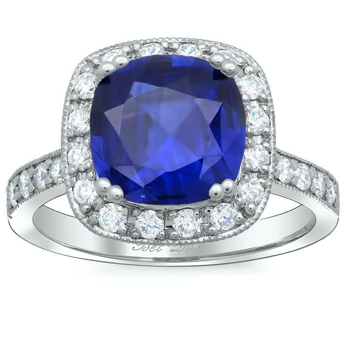 Milgrained Cushion Halo Engagement Ring for Blue Sapphire Sapphire Engagement Rings deBebians 