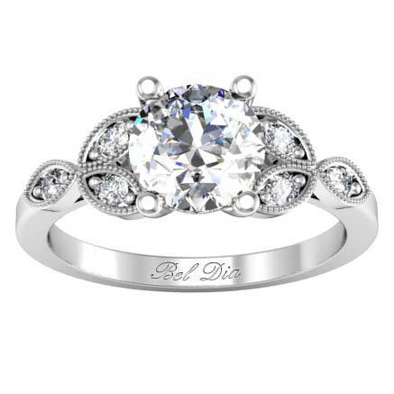 Milgrained Leaf Engagement Ring Diamond Accented Engagement Rings deBebians 