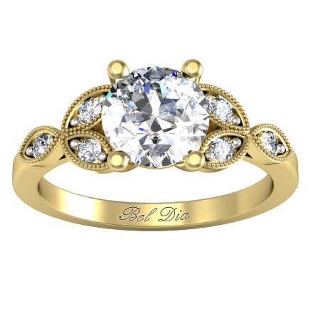Milgrained Leaf Engagement Ring Diamond Accented Engagement Rings deBebians 
