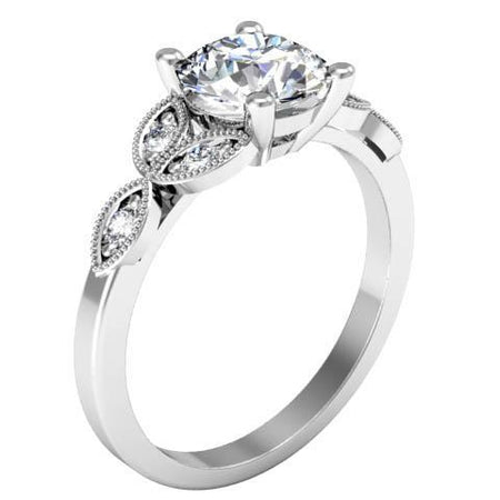 Milgrained Leaf Engagement Ring Diamond Accented Engagement Rings deBebians 