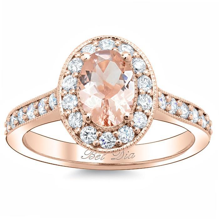 Morganite Oval Pave Halo Engagement Ring Rose Gold & Morganite Engagement Rings deBebians 
