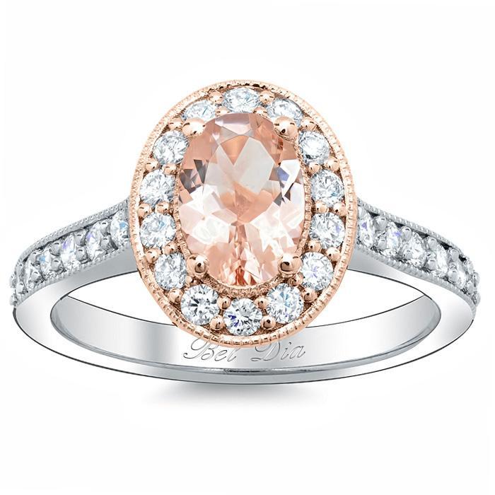 Morganite Oval Pave Halo Engagement Ring Rose Gold & Morganite Engagement Rings deBebians 