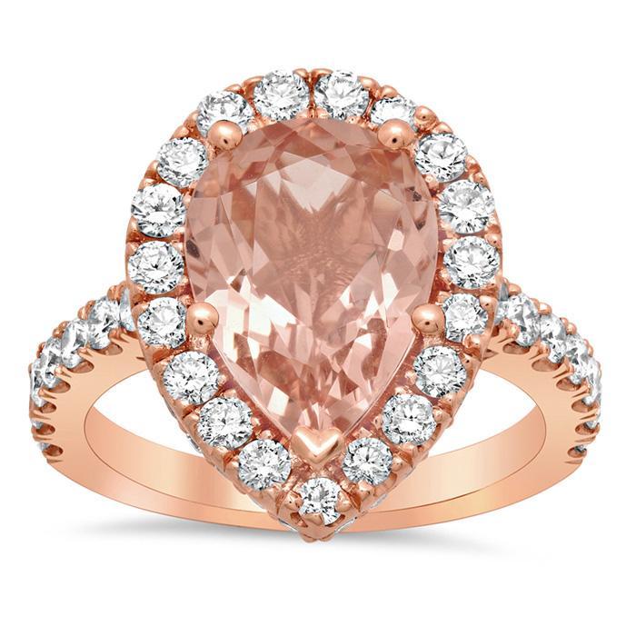 Morganite Pear Pave Halo Engagement Ring Rose Gold & Morganite Engagement Rings deBebians 