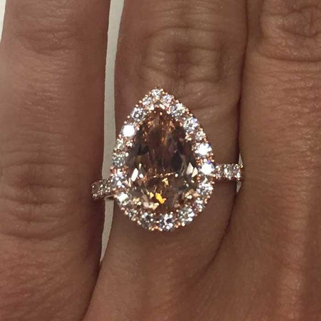 Morganite Pear Pave Halo Engagement Ring Rose Gold & Morganite Engagement Rings deBebians 