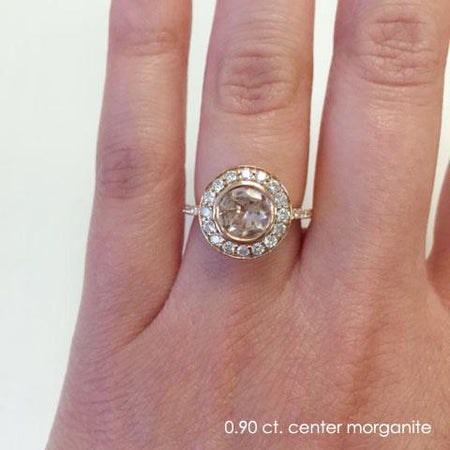 Morganite Rose Gold Bezel Style Halo Wedding Ring Rose Gold & Morganite Engagement Rings deBebians 