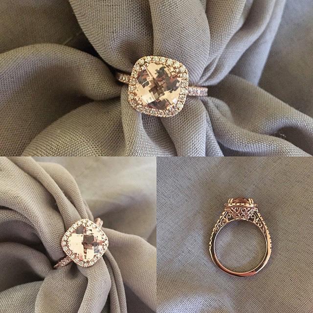 14k Rose Gold Morganite Flower Clover Diamond Halo Engagement