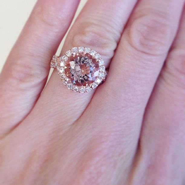 Morganite Rose Gold Halo Engagement Ring with Twisted Split Shank Rose Gold & Morganite Engagement Rings deBebians 