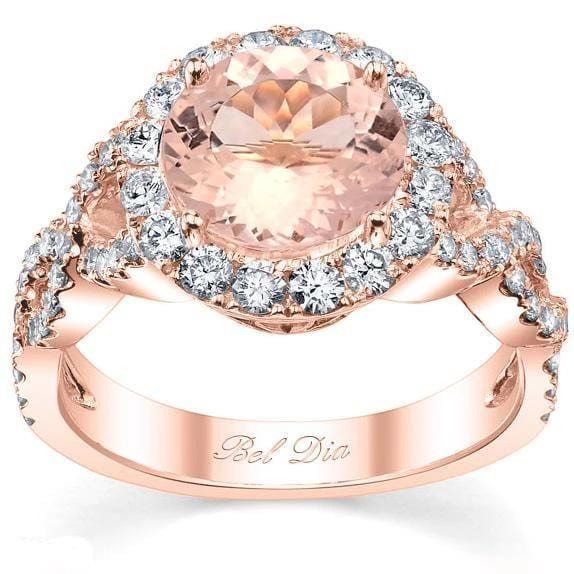 Morganite Rose Gold Halo Engagement Ring with Twisted Split Shank Rose Gold & Morganite Engagement Rings deBebians 