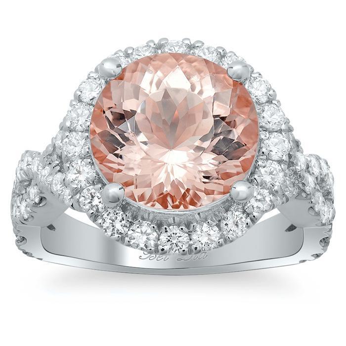 Morganite Rose Gold Halo Engagement Ring with Twisted Split Shank Rose Gold & Morganite Engagement Rings deBebians 