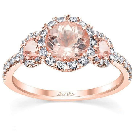 Morganite Rose Gold Halo Three Stone Ring Rose Gold & Morganite Engagement Rings deBebians 