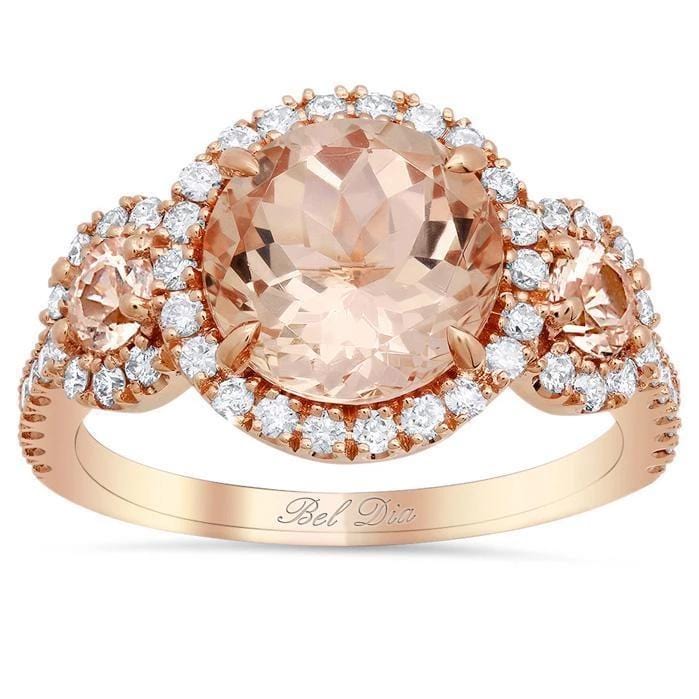 Morganite Rose Gold Halo Three Stone Ring Rose Gold & Morganite Engagement Rings deBebians 