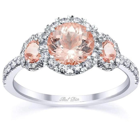 Morganite Rose Gold Halo Three Stone Ring Rose Gold & Morganite Engagement Rings deBebians 