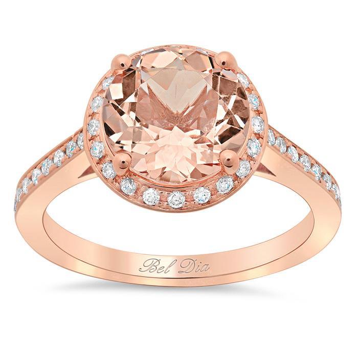 Morganite Round Engagement Ring with Halo Rose Gold & Morganite Engagement Rings deBebians 