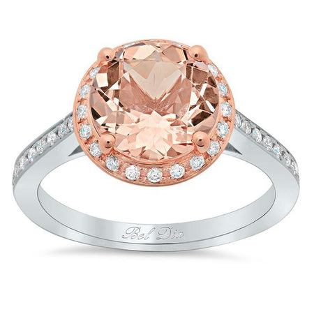 Morganite Round Engagement Ring with Halo Rose Gold & Morganite Engagement Rings deBebians 