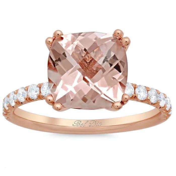 Morganite Square Pave Engagement Ring Rose Gold & Morganite Engagement Rings deBebians 