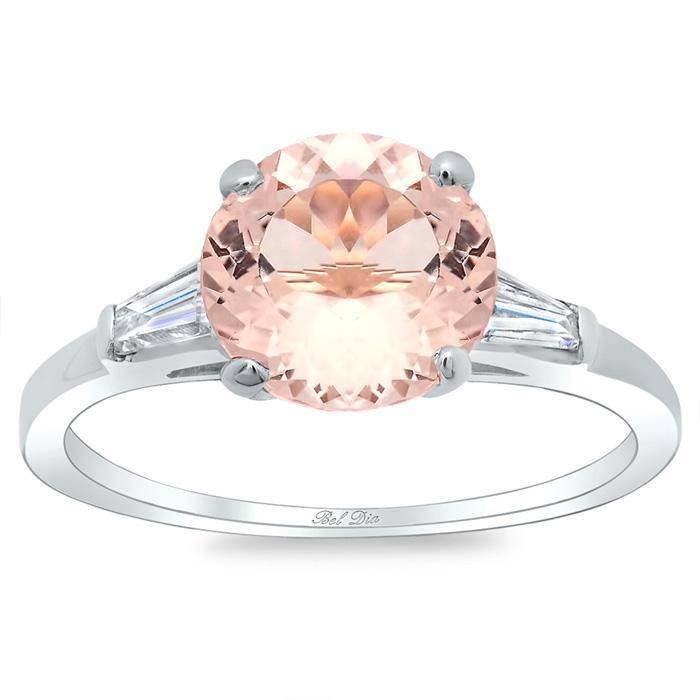 Morganite Three Stone Engagement Ring with Baguettes Rose Gold & Morganite Engagement Rings deBebians 