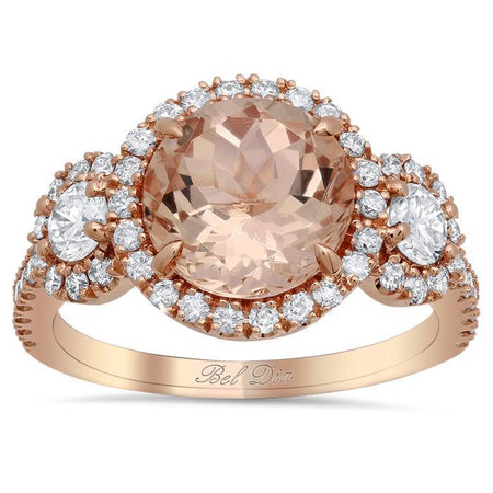 Morganite Three Stone Ring with Side Diamonds Rose Gold & Morganite Engagement Rings deBebians 