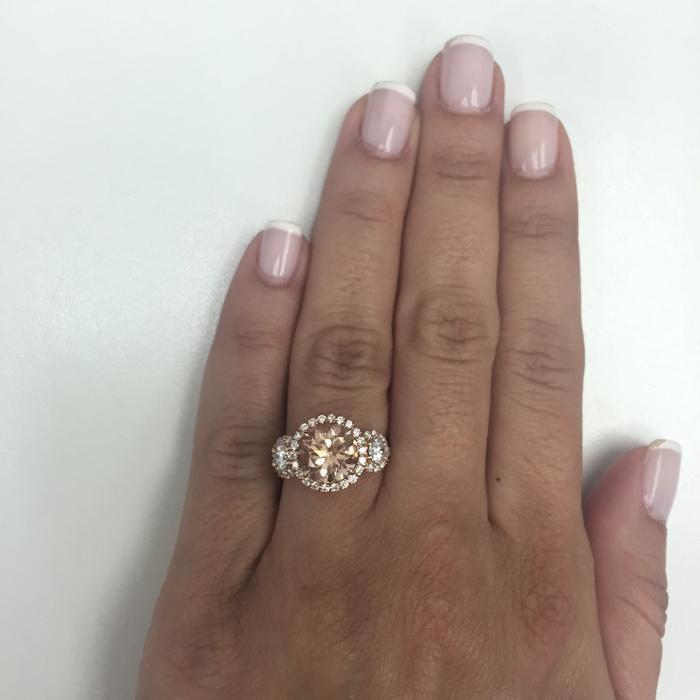 Morganite Three Stone Ring with Side Diamonds Rose Gold & Morganite Engagement Rings deBebians 