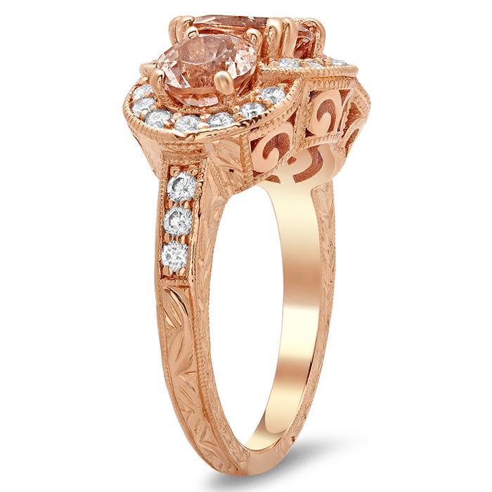 Morganite Three Stone Rose Gold Engagement Ring with Engraving and Milgrain Rose Gold & Morganite Engagement Rings deBebians 