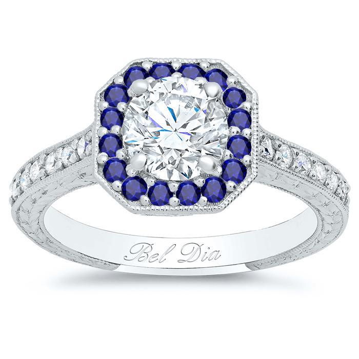 Octagonal Engagement Ring with Sapphire Halo and Diamond Accents Sapphire Engagement Rings deBebians 