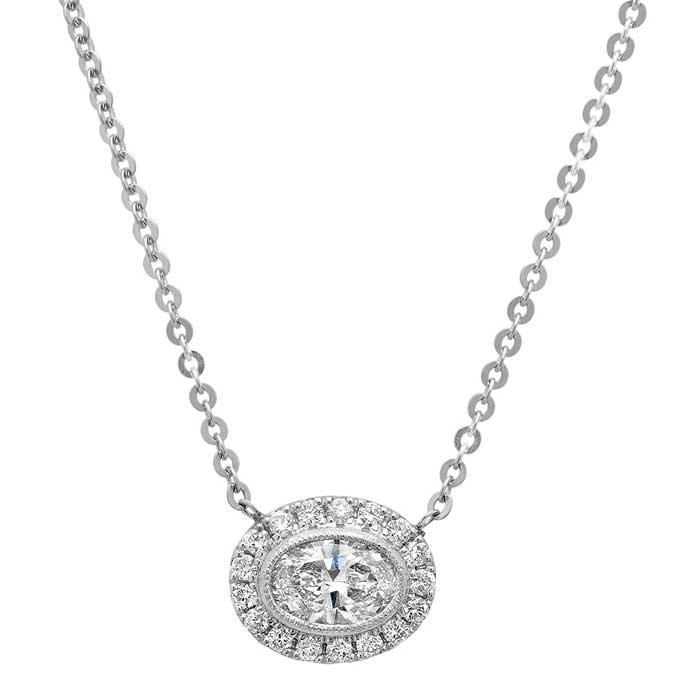 Oval Forever One Moissanite East West Halo Necklace Moissanite Necklaces deBebians 