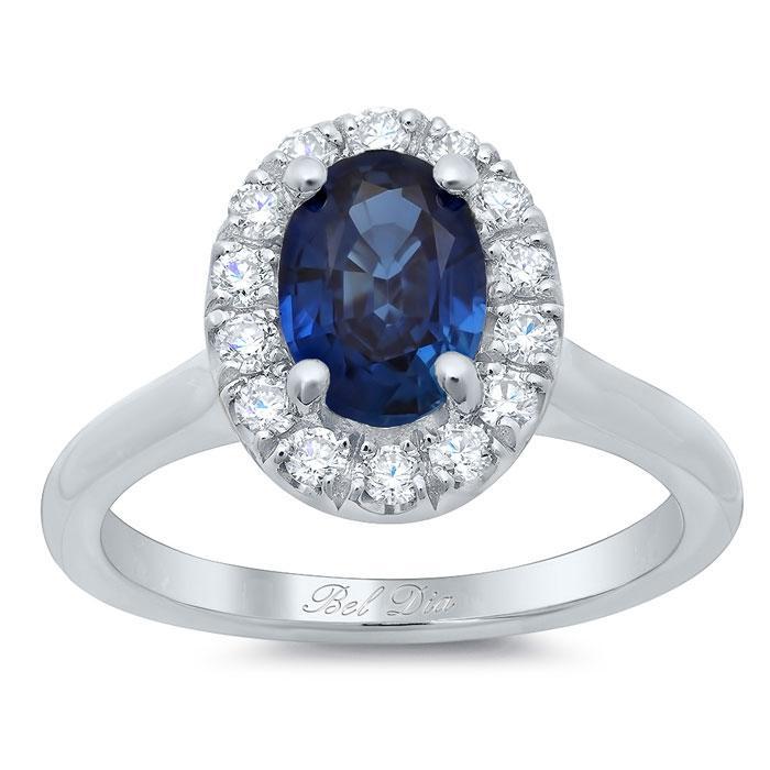 Oval Sapphire Halo Engagement Ring with Plain Band Sapphire Engagement Rings deBebians 