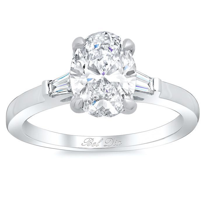 Oval Three Stone Engagement Ring with Baguettes Diamond Accented Engagement Rings deBebians 